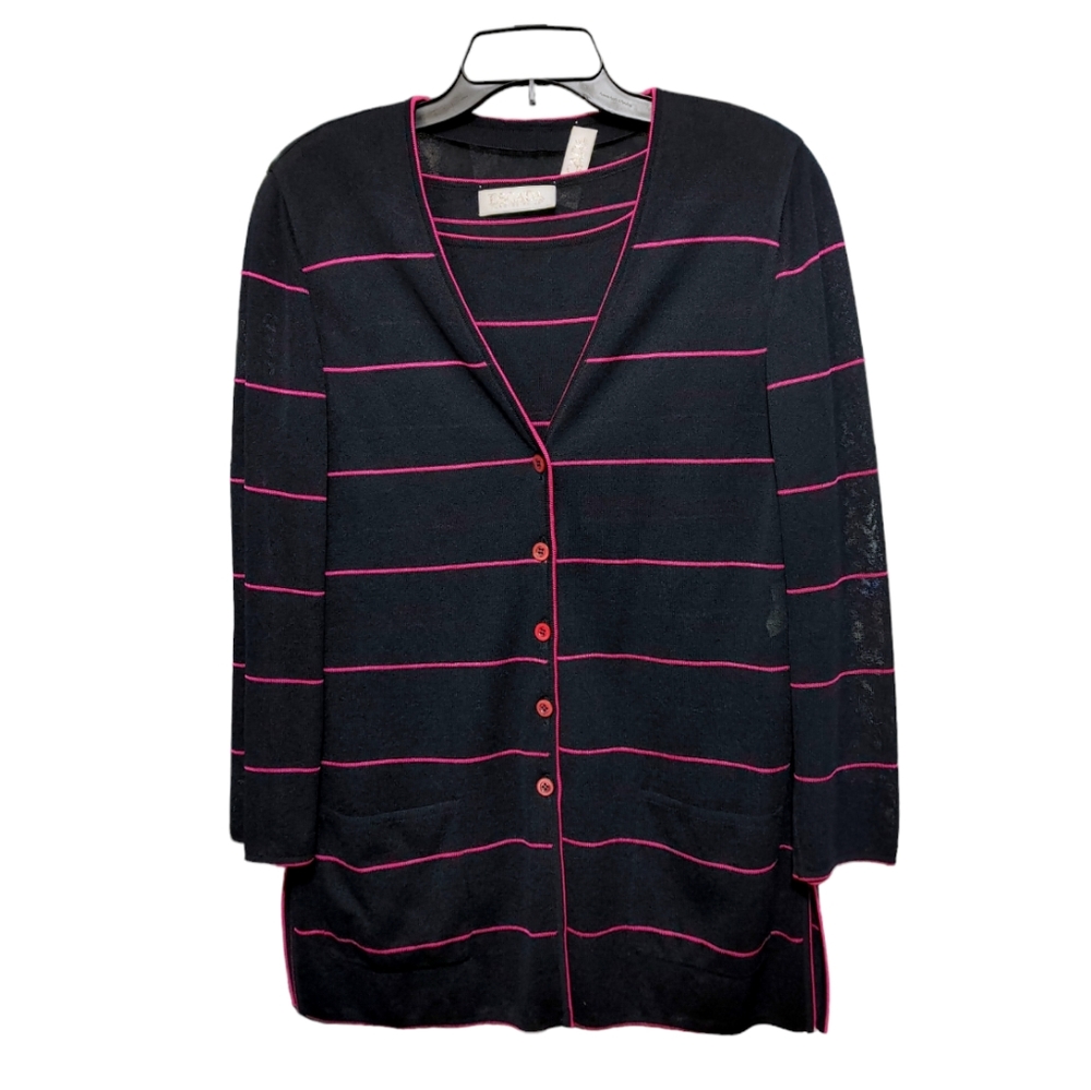 Escada Vintage Black Pink Striped 2 Piece Tank Cardigan Set Womens Size Medium M